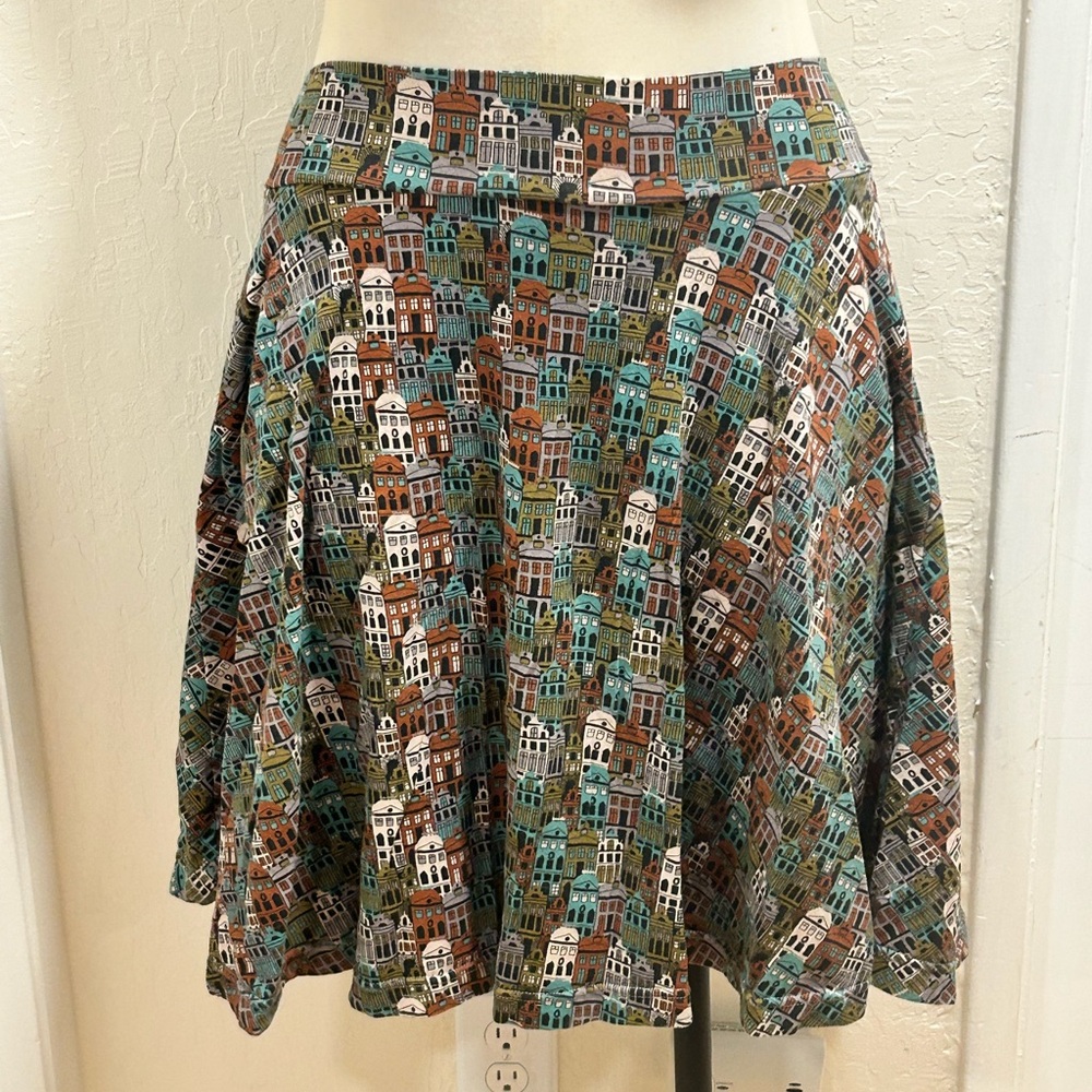 Effie's Heart Cityscape Print Skater Skirt in Teal, Brown & Cream